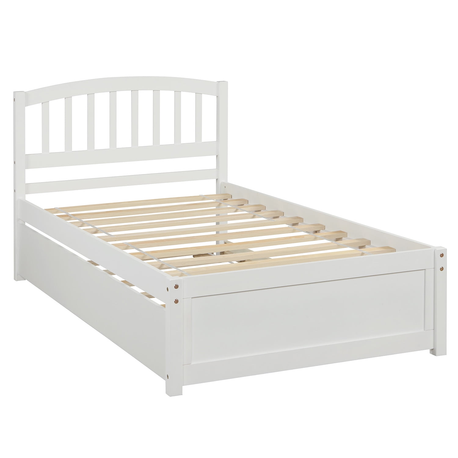 Mintazer Twin Size Platform Bed Frame with Trundle & Curved Slatted Headboard for Kids Teens Adults Bedroom, No Box Spring Needed, White