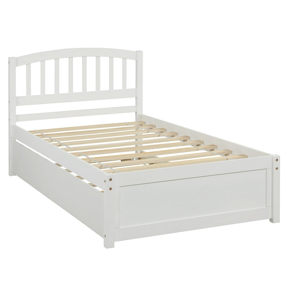 Modern Twin Bed Frame with Trundle for Boys Girls, Solid Wood Platform