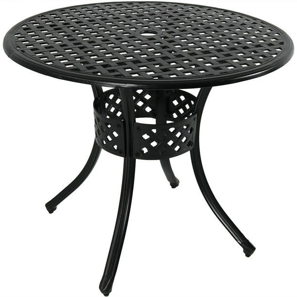 Sunnydaze Round Patio Dining Table Outdoor Durable Cast Aluminum Construction Decorative Lattice Design Outside Furniture With Umbrella Hole Perfect For Porch Or Poolside 33 Inch Black Com - Spray Paint Aluminum Patio Table With Umbrella Hole