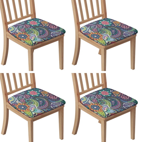 Blue Pioneer Flower and Paisley Pattern Seat Covers for Dining Room Chairs Set Of 4,Stretch Printed Washable Chair Seat Cover with Elastic Ties and Button,Removable Waterproof Couch Cushion Covers