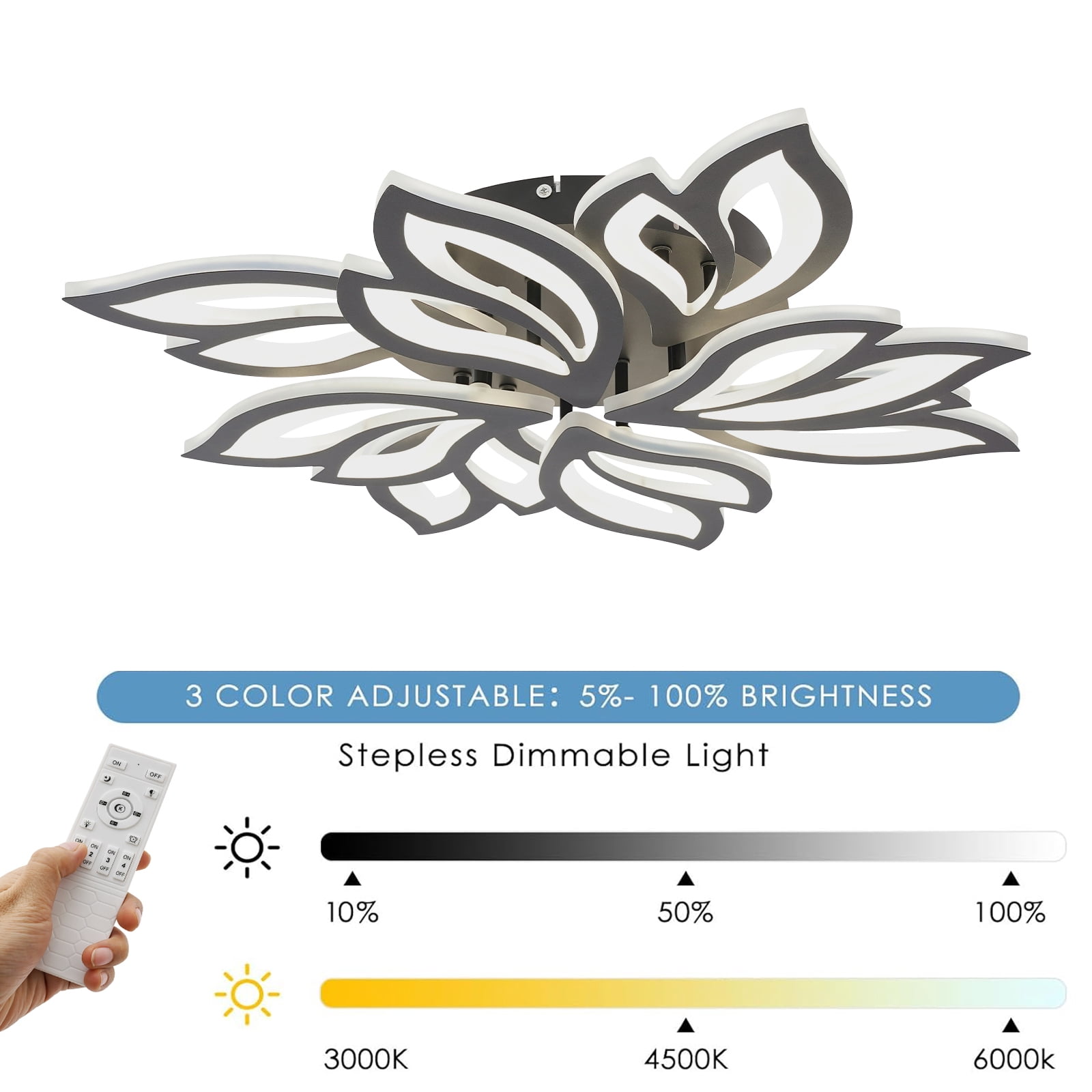 8 Head LED Flower Ceiling Light with Remote Control, Flush Mount Ceiling Light Fixture