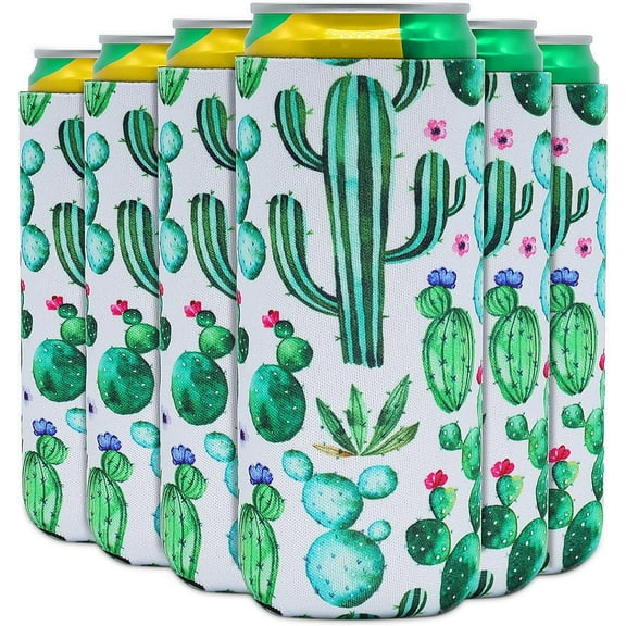 6 Pack Slim Can Coolers Skinny Can Sleeve 12oz Insulator Can Cooler Soft Neoprene Skinny Beer Coolies Cover Thick Tall Beverage Holder Bag for Energy Drink & Beer Cans, Cactus