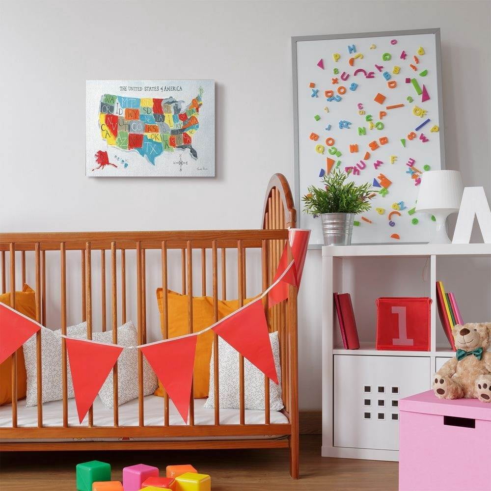 The Kids Room by Stupell Colorful World Map of USA Kids Nursery Painting Canvas Wall Art by Farida Zaman