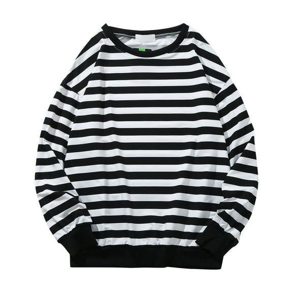Weebloom Mens Sweatshirts Casual Pinstripe Long Sleeve Rib Sleeve Tops Crew Neck Blouse Sweatshirt for Men Black L