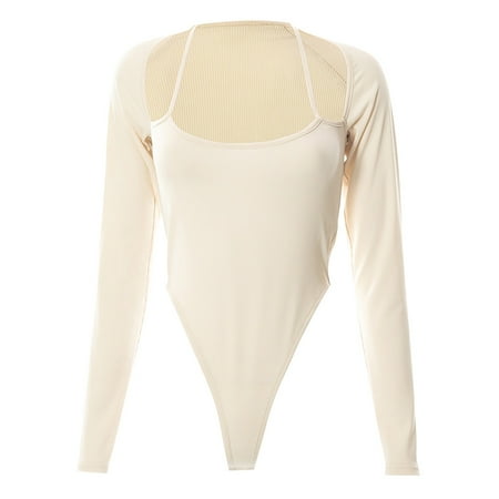 

Women Square Neck Long Sleeve Bodysuit Halter Neck Ribbed Knit Leotard Tops Chemise Lingeries Sleepwear