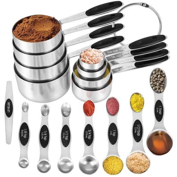 Juego de 16 tazas medidoras y cucharas medidoras magnéticas de acero inoxidable, 8 tazas medidoras con mango de silicona y 7 cucharas medidoras magnéticas de doble cara y 1 nivelador