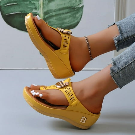 

Women s Faux Leather Wedge Slide Sandals Fashion Letter Detail Flatform Thong Sandals Women s Footwear