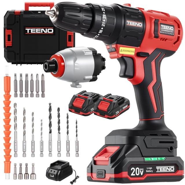 Kit Combo de Taladro Inalámbrico y Atornillador de Impacto TEENO 20V con 2 Baterías