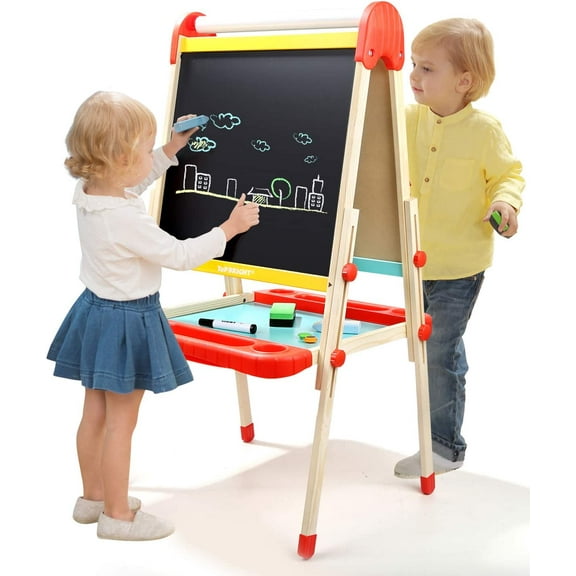 Wooden Art Easel for Kids, Toddler Easel Adjustable with Painting Whiteboard, Child Easel with Magnetic Blackboard