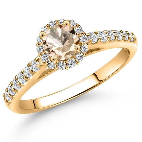 Gem Stone King 10K Yellow Gold Peach Morganite and Lab Grown Diamond Engagement Ring for Women | 0.69 Cttw | Round 5MM | Gemstone October Birthstone | Size 6