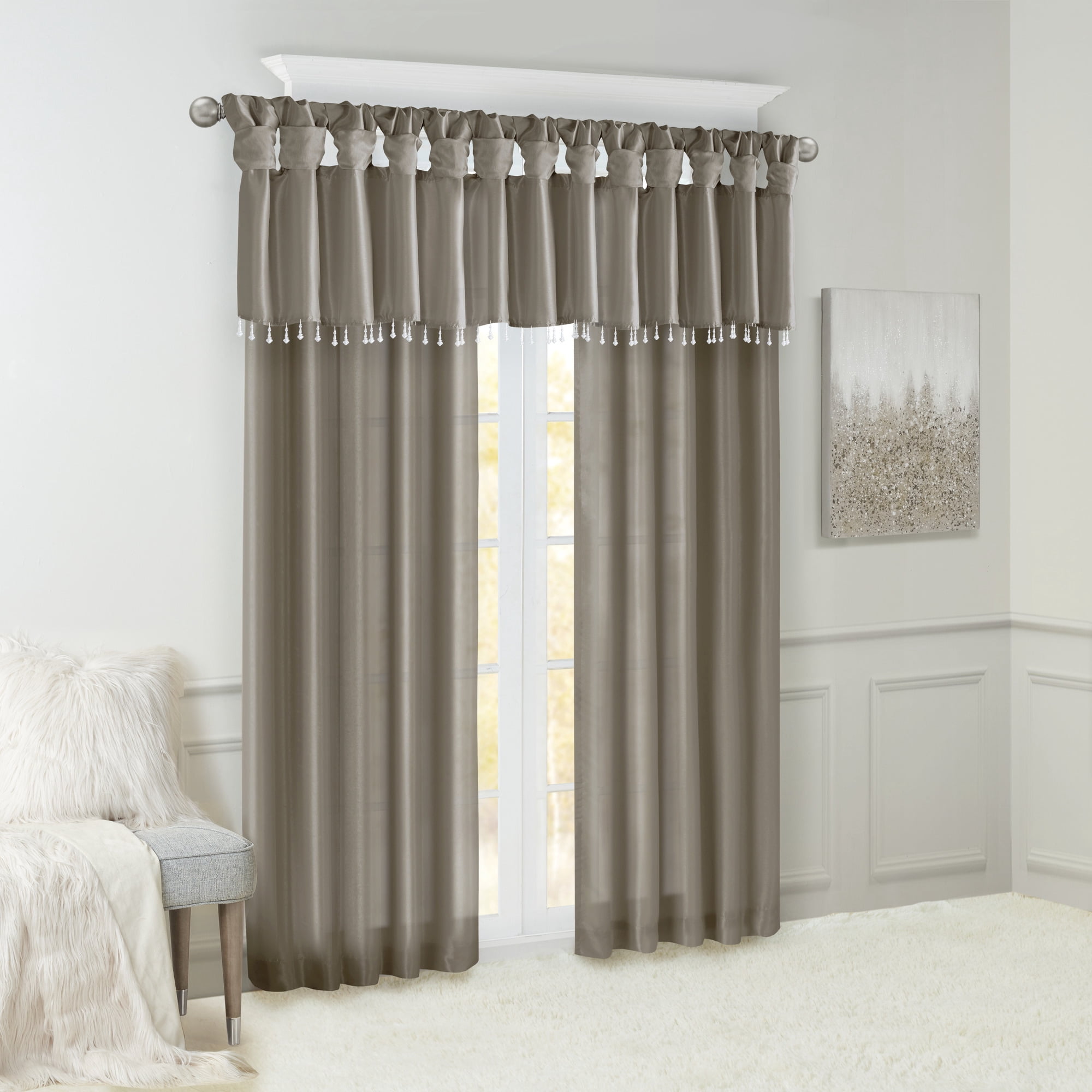 Lightweight Faux Silk Valance With Beads Pewter 50x26"