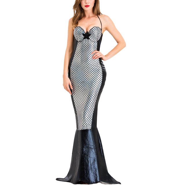 Sunloudy Vestido largo de Halloween para mujer, sin mangas, con cordones, cuello halter, espalda descubierta, patchwork, sirena, vestido de cosplay Sunloudy moda