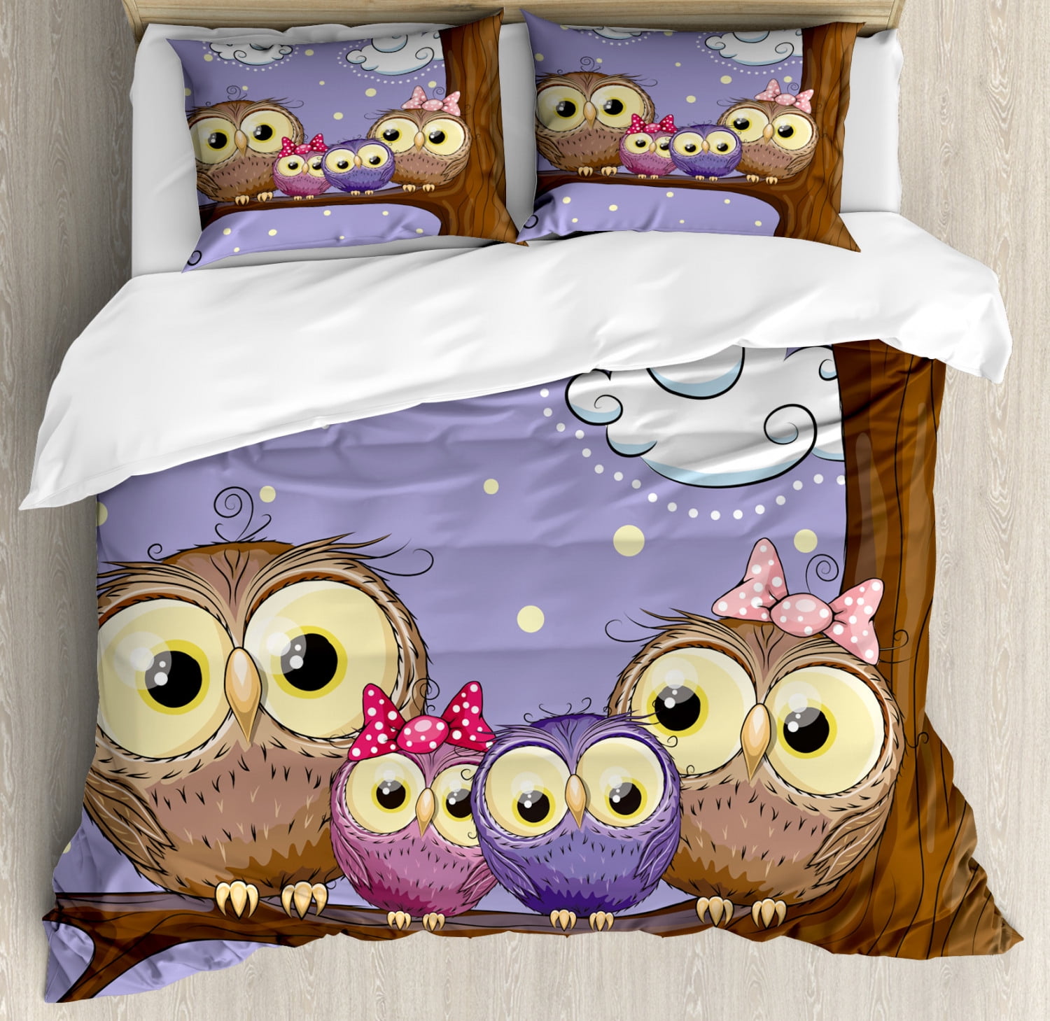 Kids Duvet Cover Set Cartoon Style Owl Bird Family Mother Father