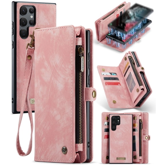 for Samsung Galaxy S22 Ultra Premium PU Leather Folding Case, Multiple Card Slots Design, Wrist Strap Zipper Pocket Kickstand Magnetic Snap, Wireless Charging for Samsung Galaxy S22 Ultra, Pink