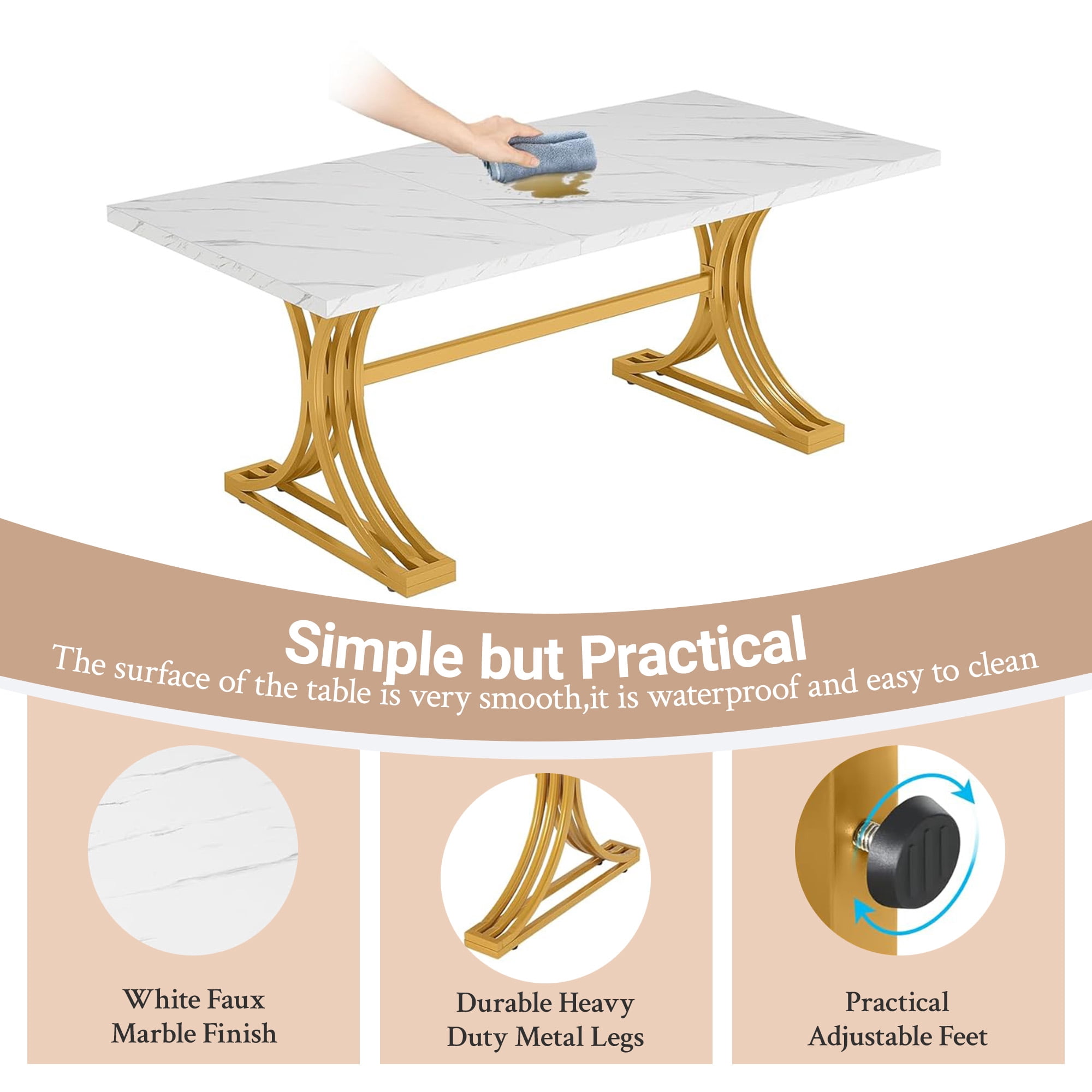 KIOOTTO 63" Executive Office Desk, Faux Marble Computer Workstation with Curved X-Frame, White & Gold