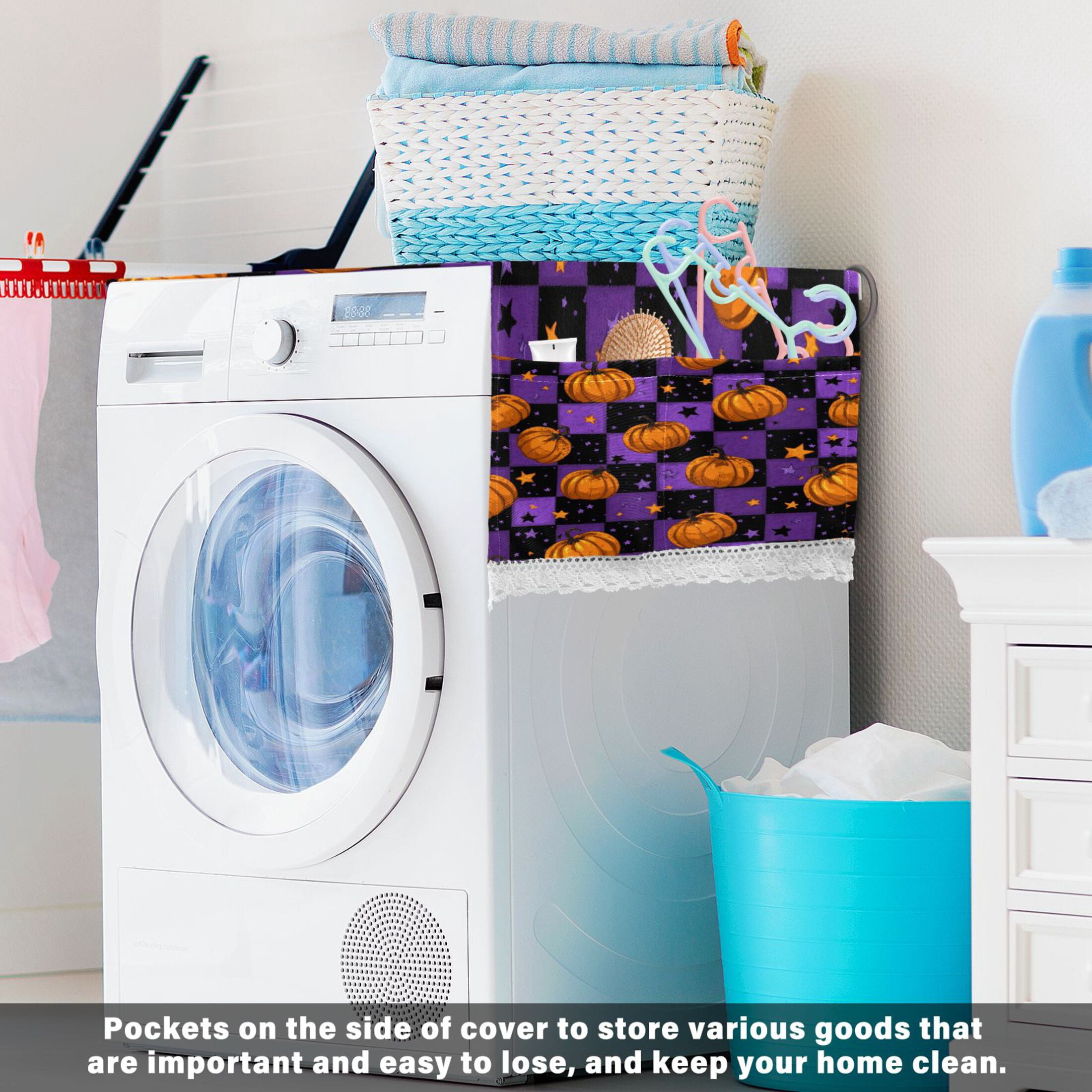 Dustproof Washing Machine Cloth Washer and Dryer Top Covers, Fridge Dust Cover, With Storage Bags Pumpkins and Stars