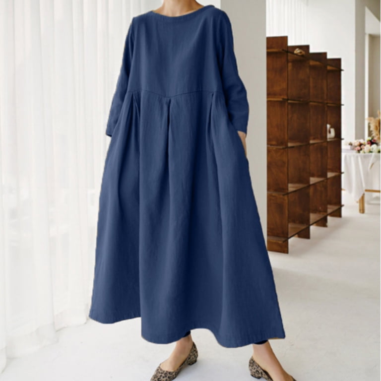 loose dress korean style plus-size for women, Japanese and style, cotton-linen, round-neck, pullover, solid color, over-the-knee long skirt with a large hem Airfoce