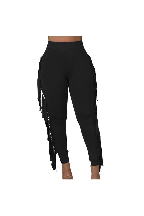 Women's Fringe Pants Casual High Waist Solid Color Slim Leggings Fashion Side Tassel Trousers for Party