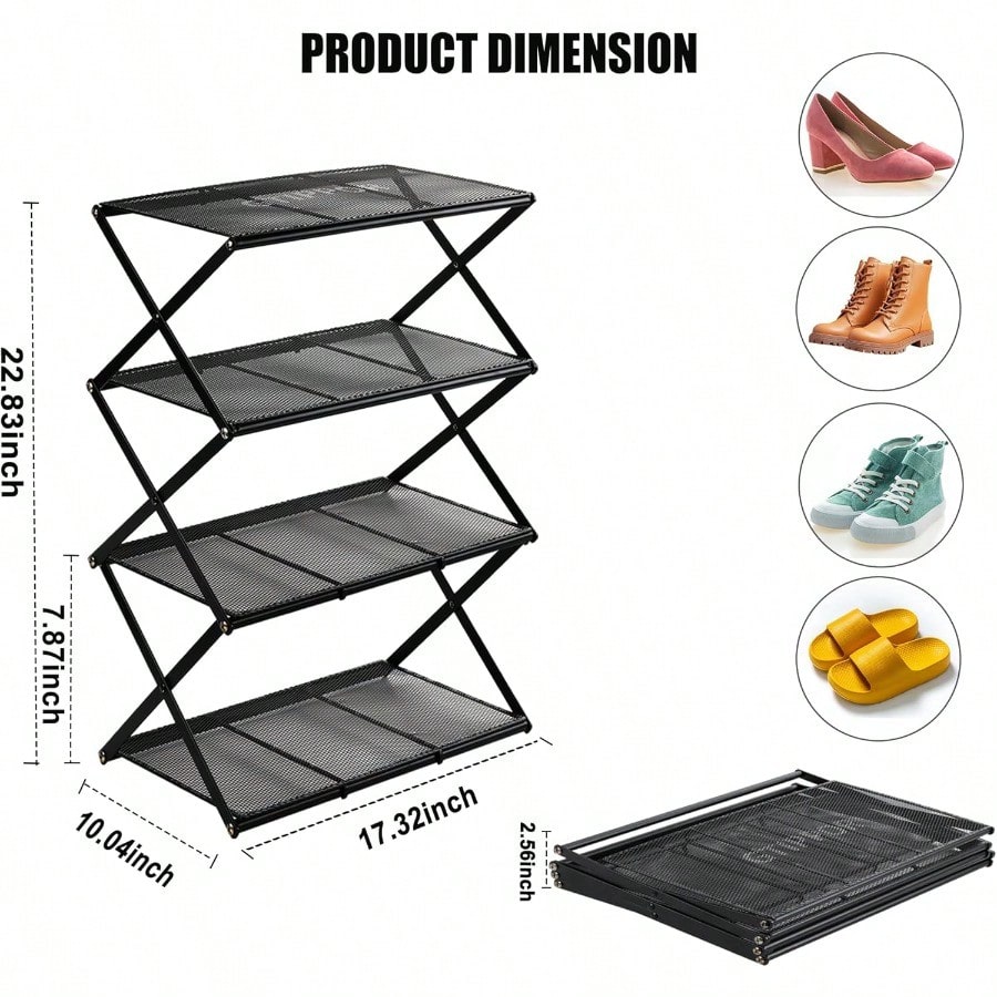 Shoe Rack For Entryway 4 Tier Foldable Shoe Rack Without Assembly Collapsible Metal Shoe Organizer Folding Shoe Storage Rack For Door Living Room Black