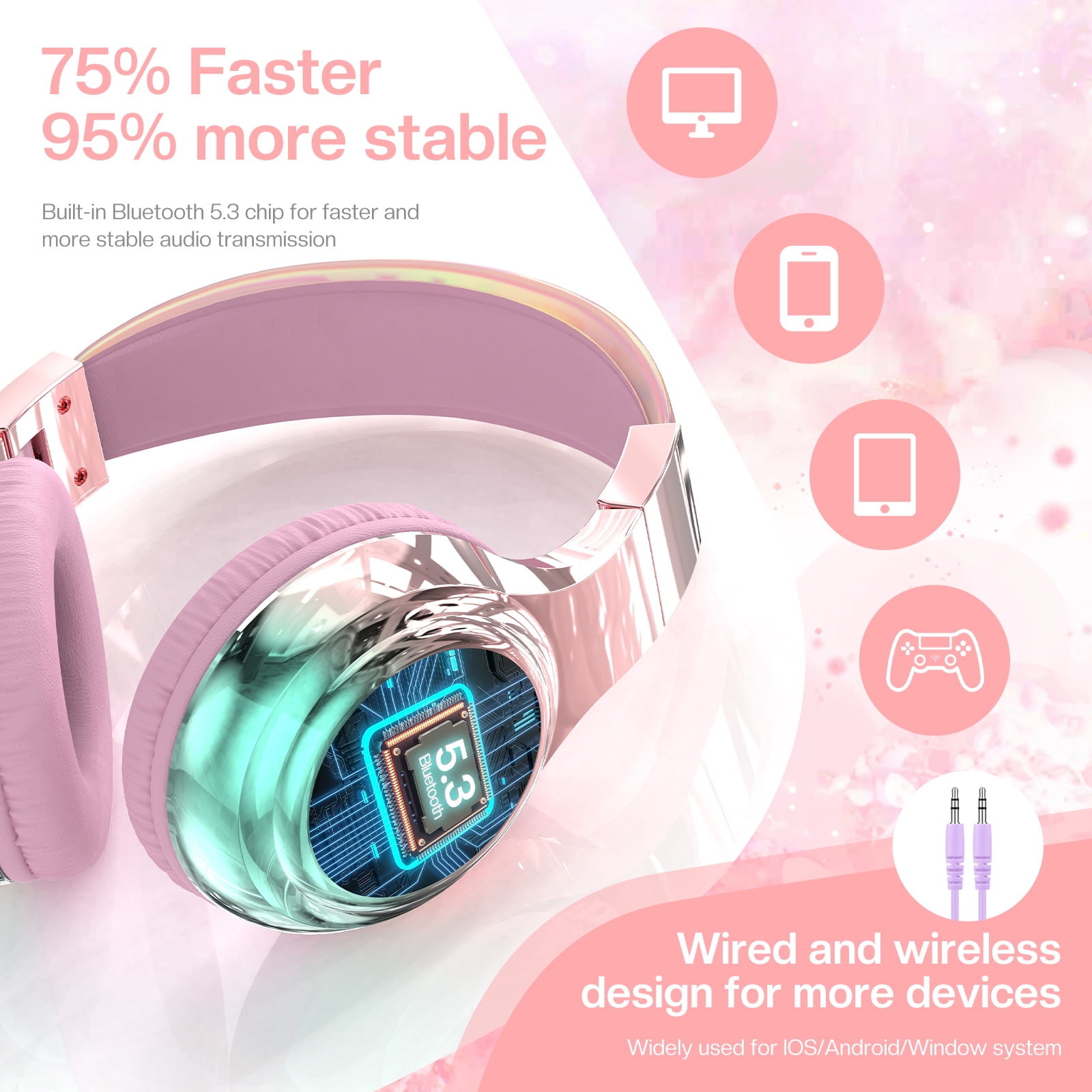 QearFun Bluetooth Headphones for Kids, Wireless Headphones with Built-in Mic, Includes Aux Cord, USB C, 3.5mm Jack, Bluetooth 5.3, On Ear Kids Headphones for School/Travel/Tablet(Pink)