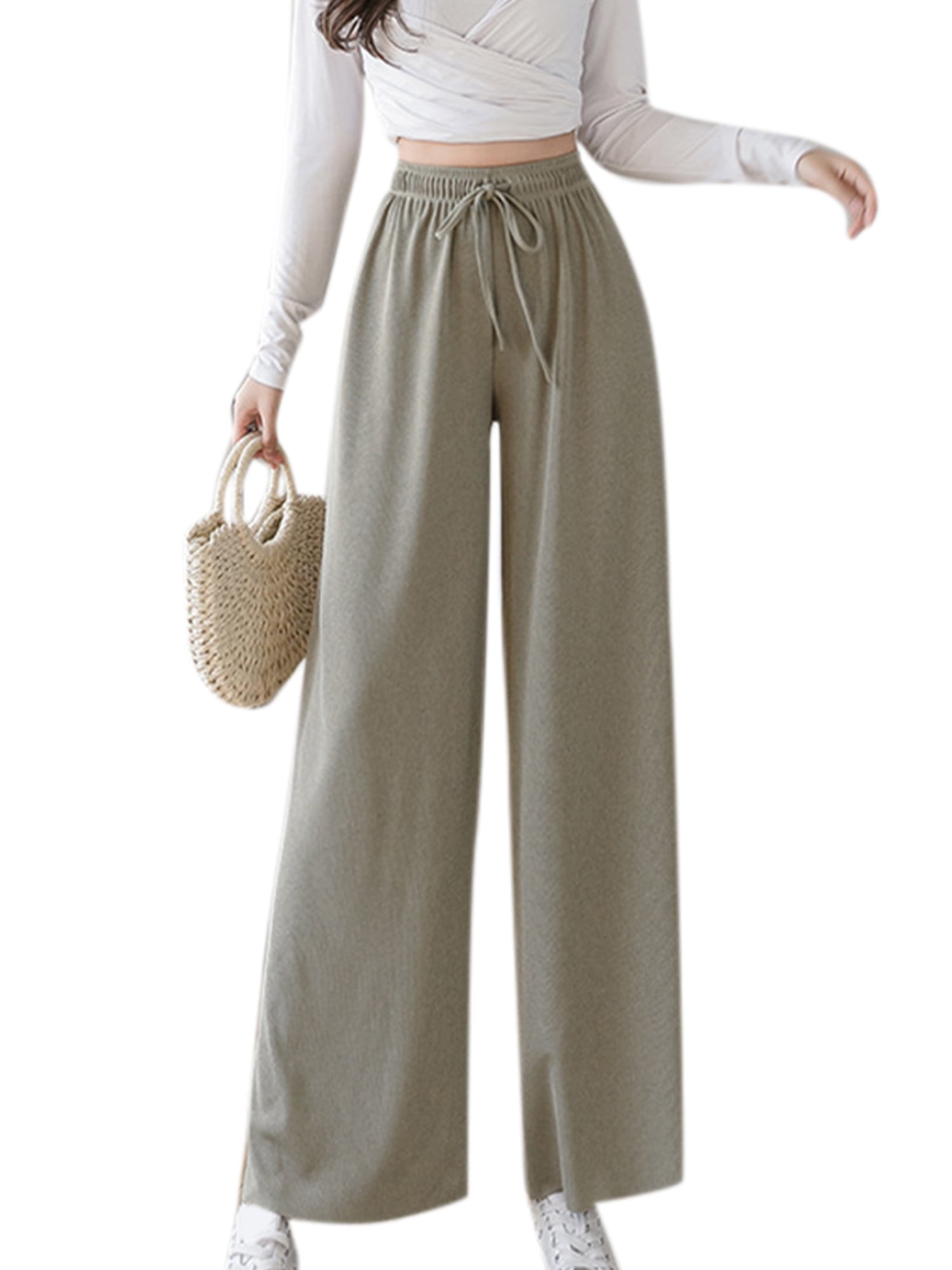 Lallc Women's Wide Leg High Waist Pants Loose Casual Elastic Summer