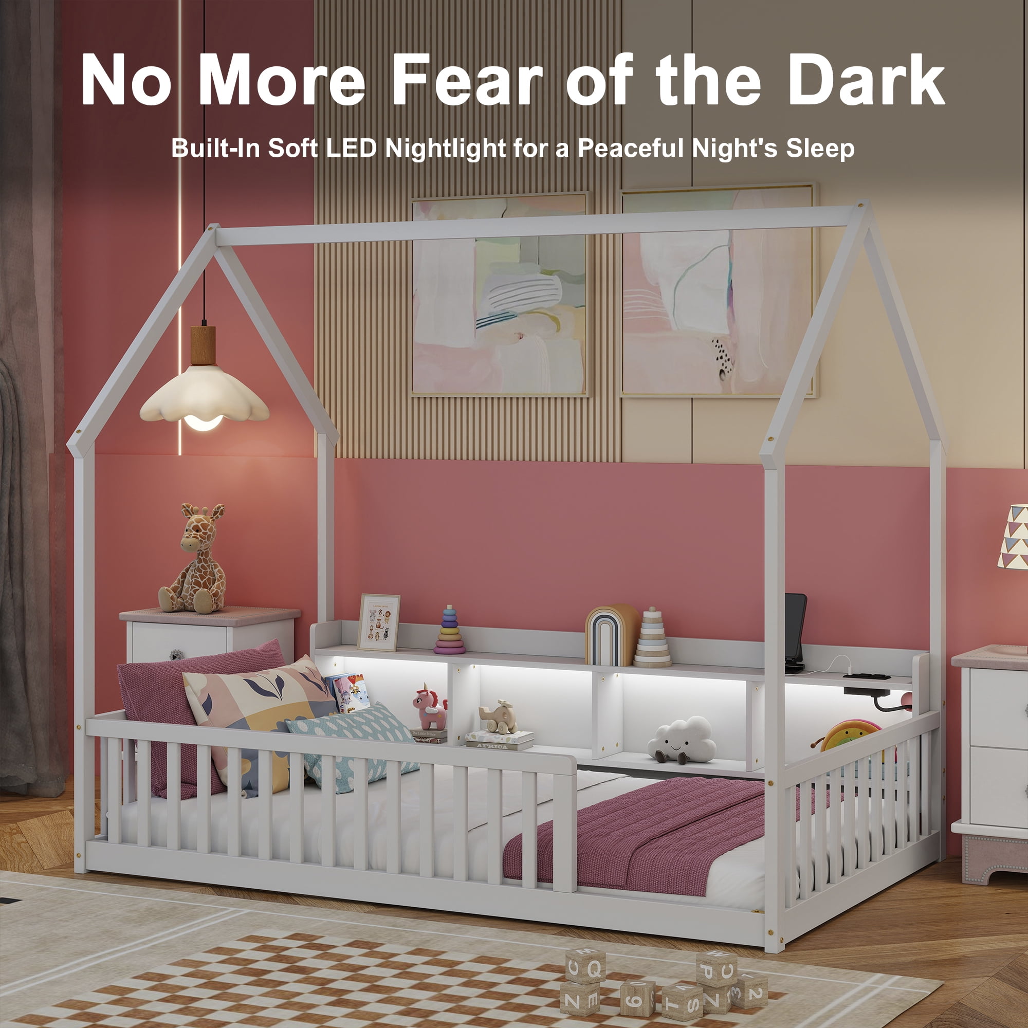 Leumius Twin Size House Floor Bed with Storage Shelves,Built-in LED Lights & Charging Station,Pine Wood Floor Bed Frame with Safety Guardrails for Kids Bedroom White