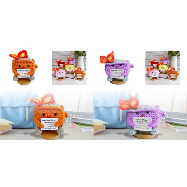 (2-Pack) Rinsvye Emotional Support Dumpster Fire Crystal Ornament Set Emotional Crochet Dumpster Fire Doll Handmade Dumpster Fire Knitted Doll Cute Crochet Dumpster Fire with Positive Card (Base inc