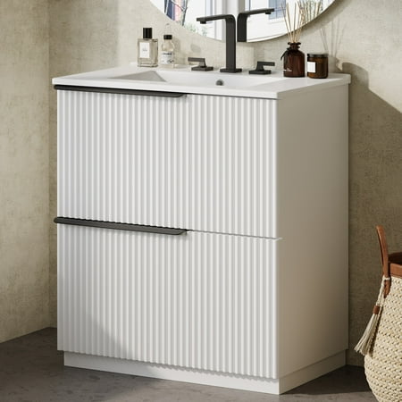 Christopher Knight Home 30" Bathroom Vanity with Sink, Soft-Close Drawers & Fluted Design, White