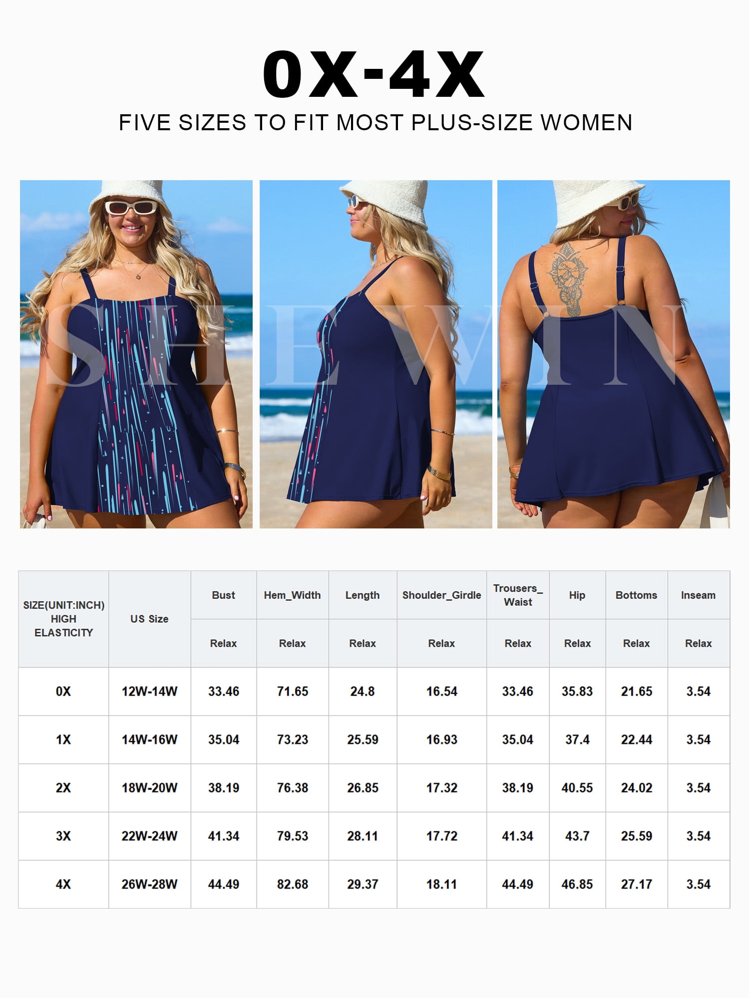 SHEWIN Woman Plus Bathing Suit One Piece Swim Dresses for Woman Tummy Control Swimm Suits with Pockets Blue Line 3X