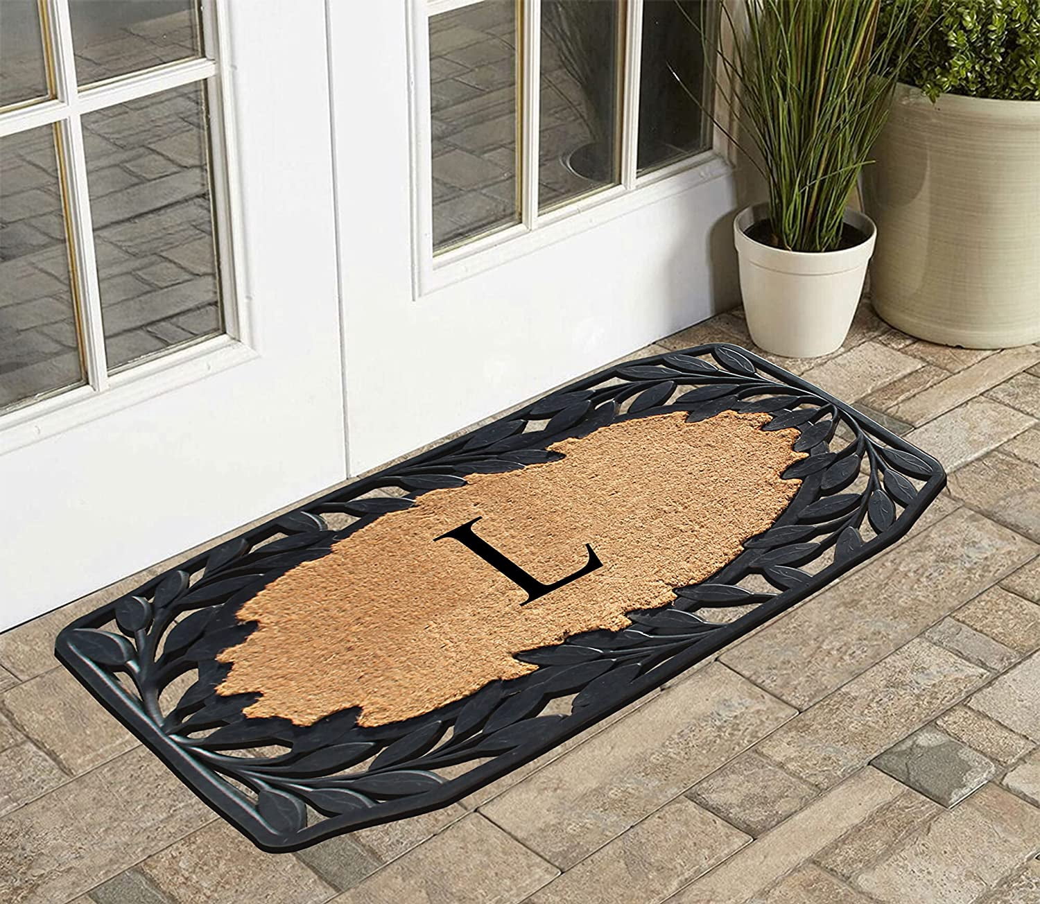 A1 Home Collections Floral Black, Beige, Multi-color Rubber and Coir Doormat for Outdoor Entrance Non Slip Backing Front Door Mat, 23" x 38"