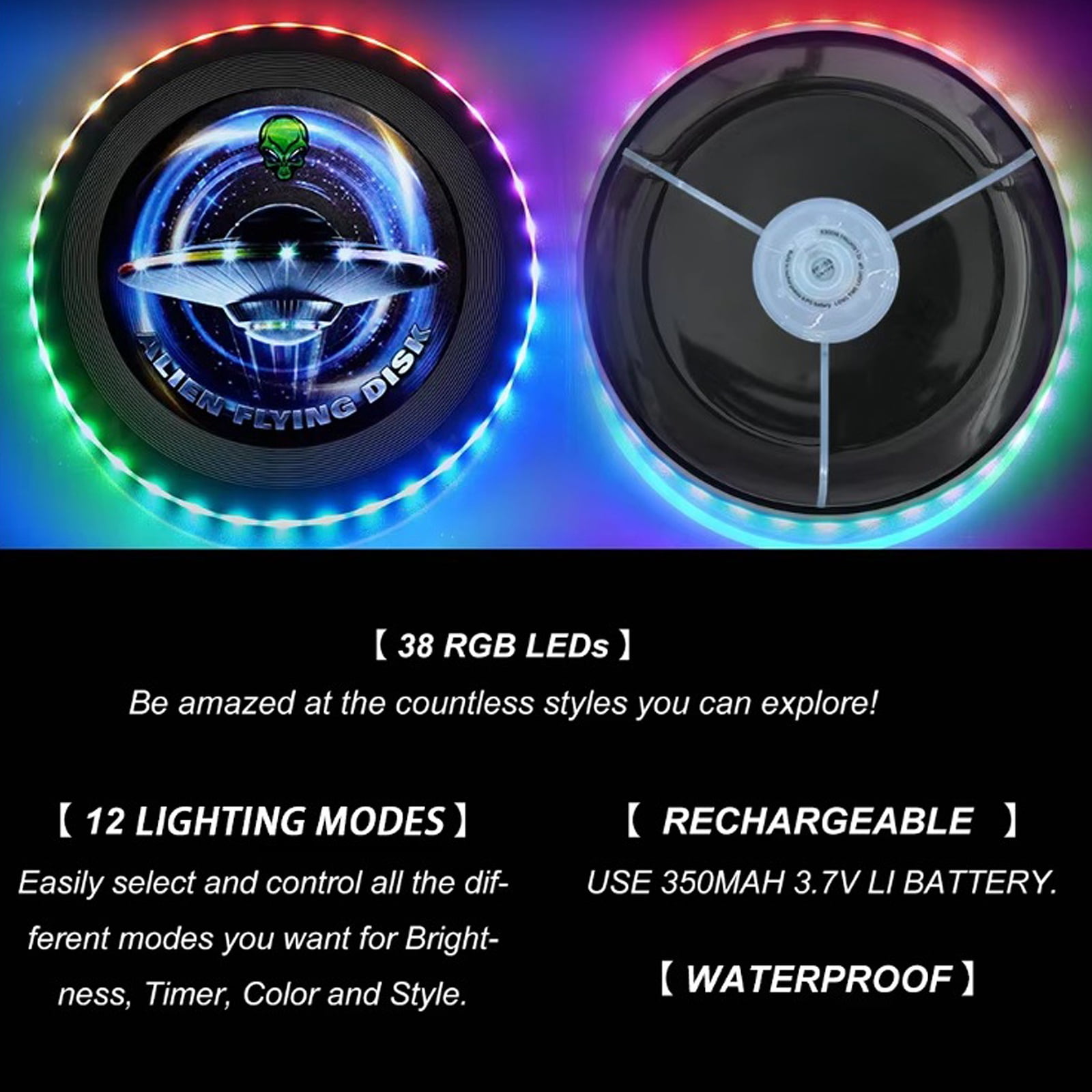 Notus Flying Ring 175g Ultimate Frisbee with 38 LED or 360 LEDs – Million Colors RGB Rechargeable Flying Disc, 12 Lighting Modes, Waterproof Outdoor Sports Game, Night play & backyard Fun Black