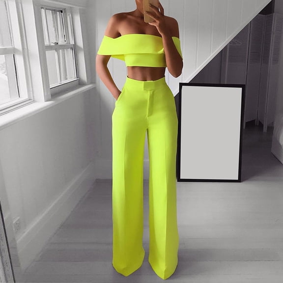 Linen Pants for Women,Clearance Women Fashion Solid Cold Shoulder Ruffle Shirt Button Zipper Wide Leg Pant Suit Cargo Pants Women