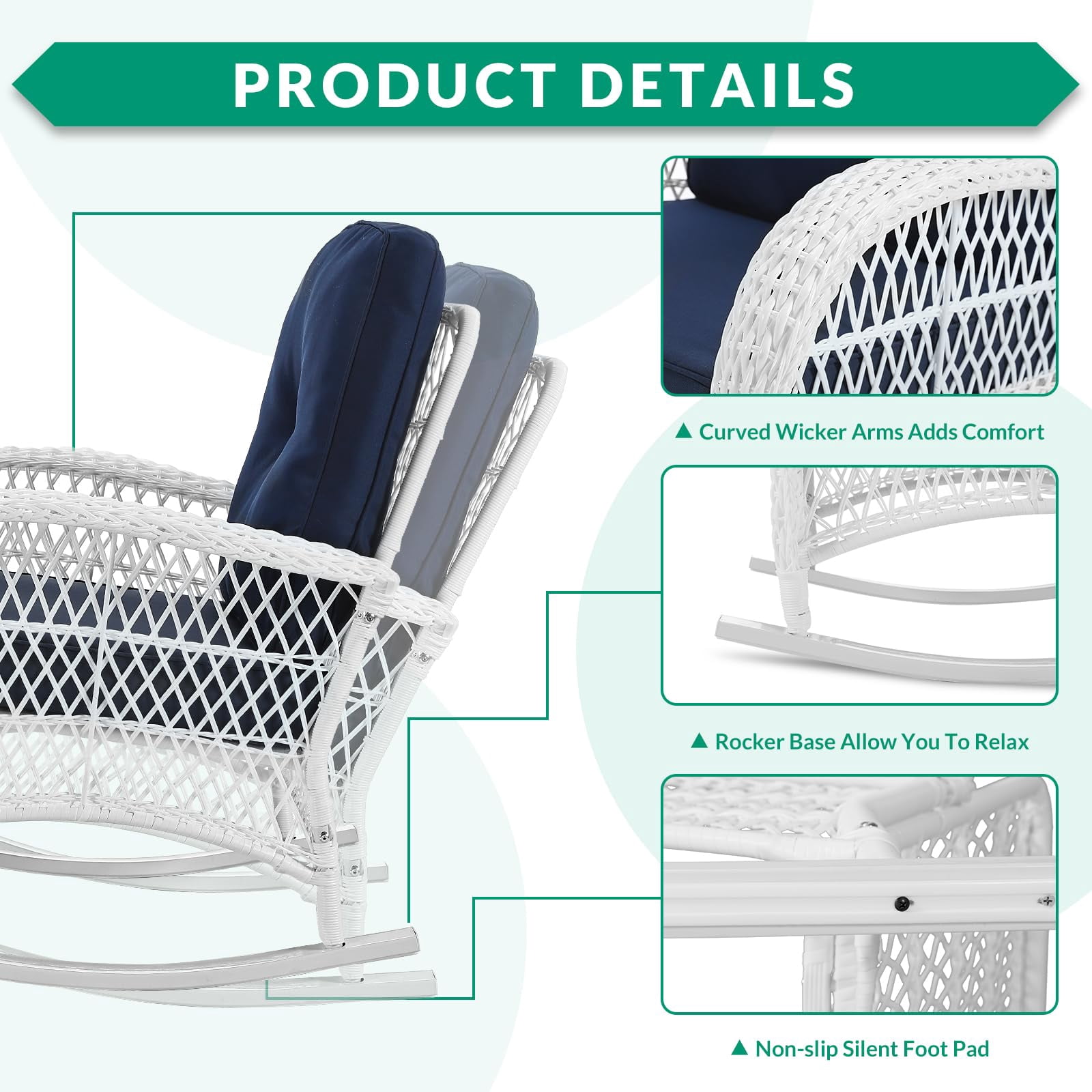 VIVIJASON 3-Piece Outdoor Conversation Bistro Set, Patio Wicker Rocking Chairs Rattan Furniture Sets w/ 2 Rattan Chairs, Cushions, Glass Top Side Table for Garden Porch Backyard (White/Navy Blue)