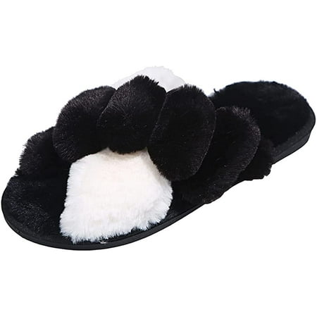 

PIKADINGNIS Women s Open Toe Cross Band Slippers Soft Plush Furry Cozy House Shoes Indoor Outdoor Faux Fur Warm Comfy Slip On Slippers