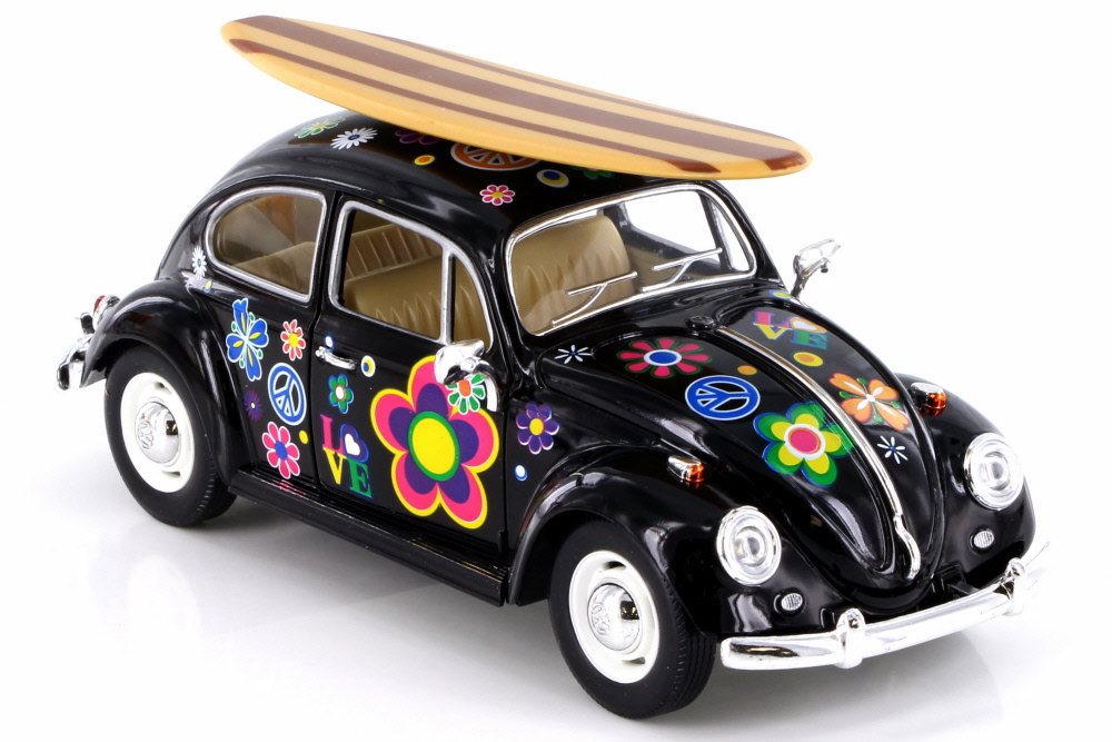1967 Volkswagen Beetle, Black w/ Surfboard & Flowers Kinsmart
