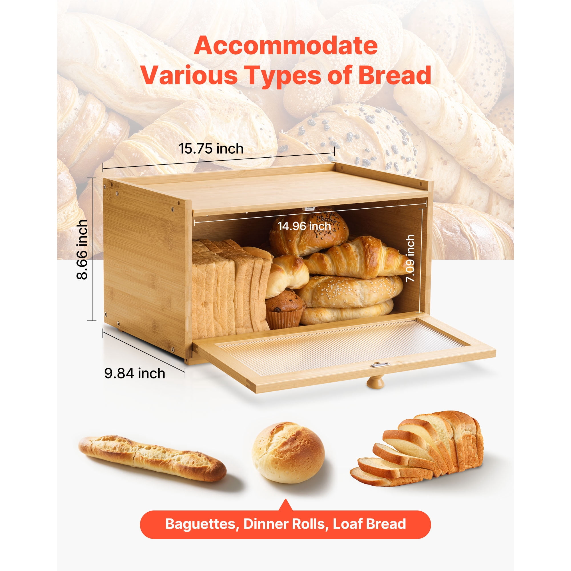 KFFKFF Large Capacity Bamboo Bread Storage Box for Kitchen Counter, Wooden Organizer for Homemade Bread with Acrylic Wavy Door, Natural Farmhouse Design