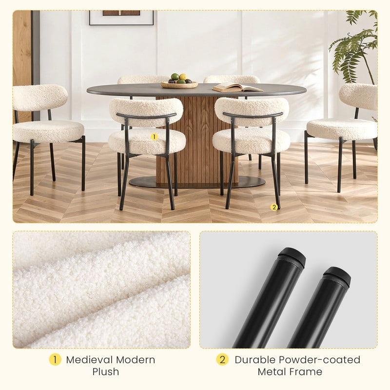 Gianna Dining Chairs Set of 2, Mid Century Modern Chair Round Upholstered Curved Backrest, Kitchen Vanity Living Room Chairs with Black Metal Legs，Beige