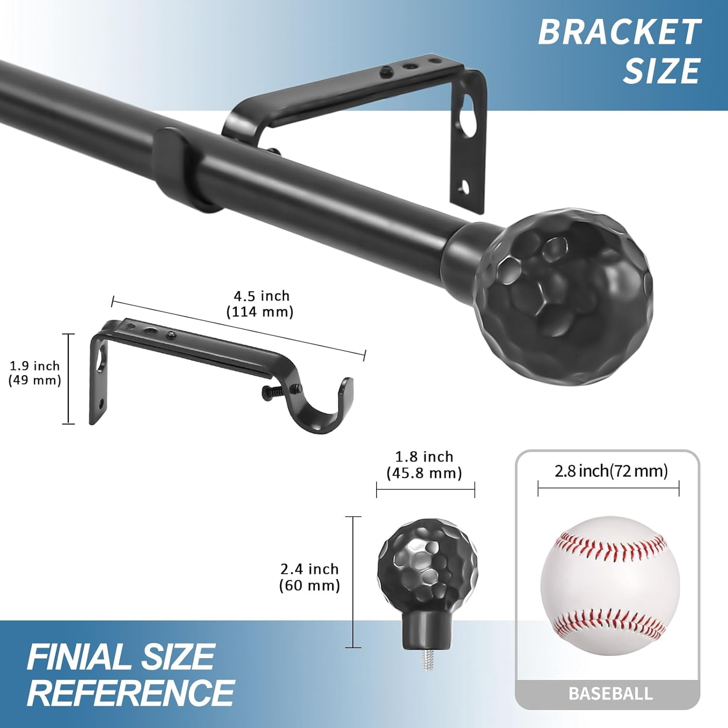 Urbanest Adjustable Single Curtain Rod Set Hammered Ball Finials – 3/4-Inch Diameter, With Black Rod, 28–48 Inches