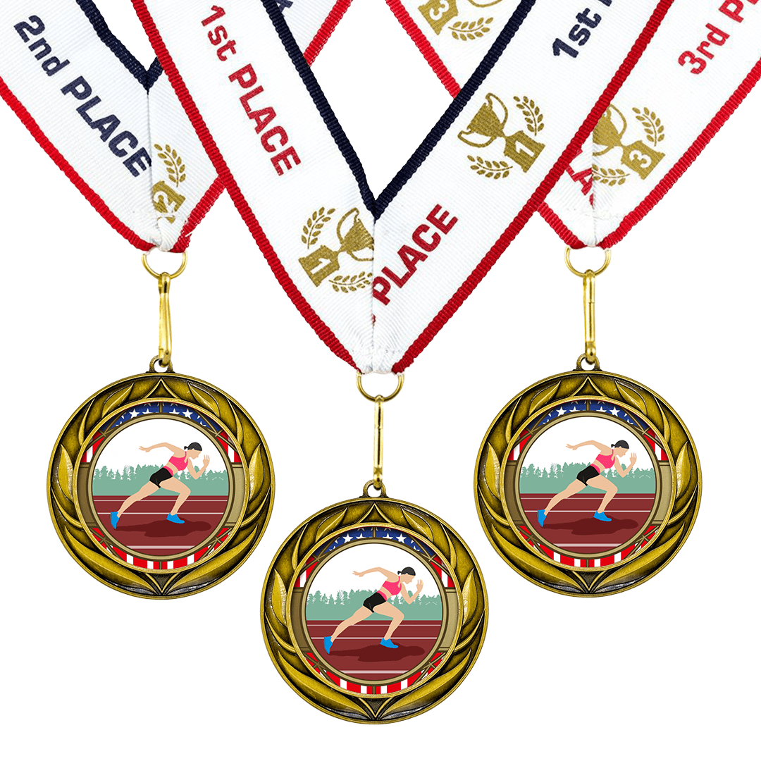 All Quality Wreath Design Track and Field Medal (female) | Competition | High Quality Metal Medal - 1st, 2nd, 3rd Place - 9 Piece Set (3 Pack)