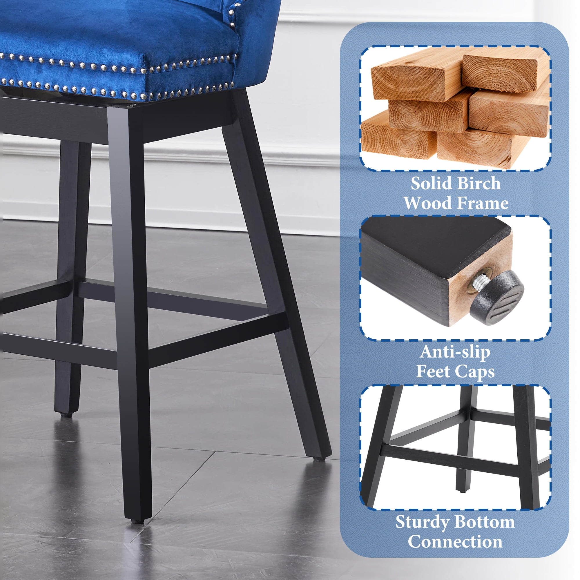 TEWLOSS 26" Swivel Counter Height Bar Stools Set of 4, Blue Velvet Kitchen Stools with Back