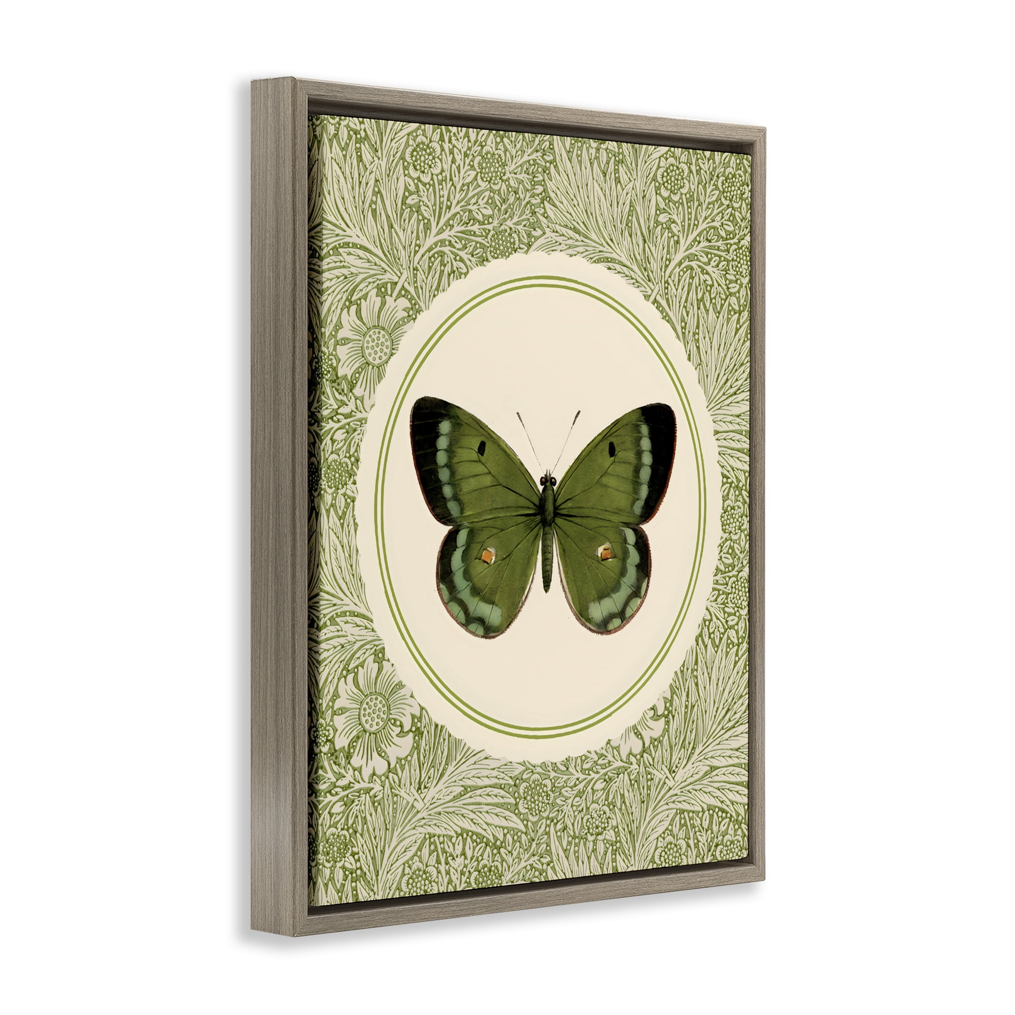 Stupell Industries Green Butterfly Botanical Medallion Brown Framed Floater Canvas Wall Art, design by LSR Design Studio