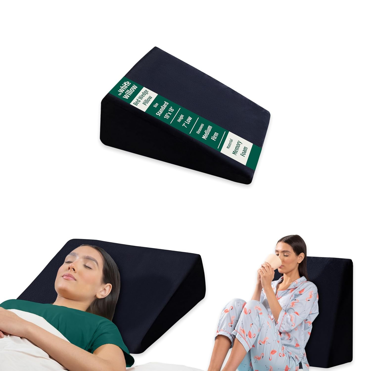 Bed Wedge Pillow, For Back Support & Sleeping, Black, Standard Size, Low Height - 18 L X 18 W X 7 H Inch | Acid Reflux, Gerd, Post Surgery, Memory Foam Pillow With Cover, Eco-Friendly
