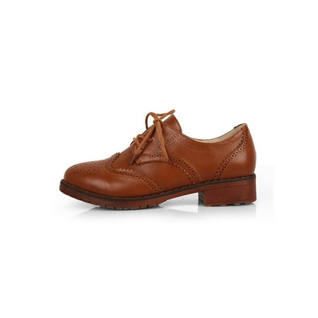 

Wazshop Womens Flats Block Oxfords Lace Up Walking Shoe Lightweight Wingtip Brogues Women Casual Shoes British Nonslip Brown With Lined 8.5