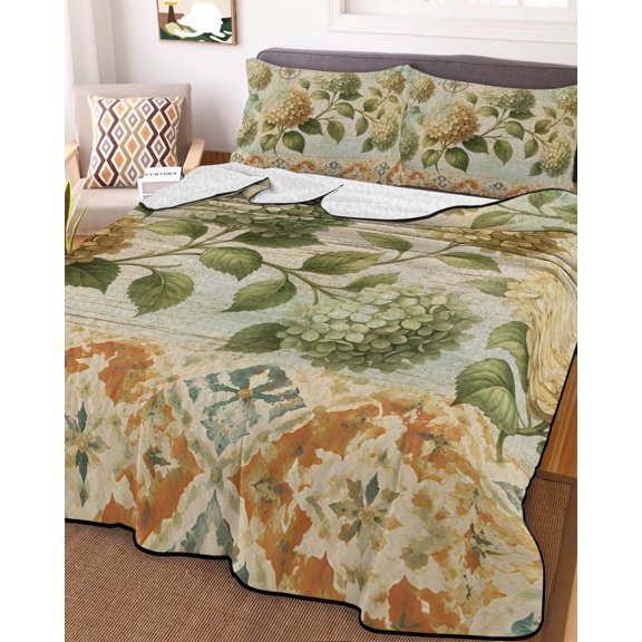 Twin Quilt Bedding Set, Green White Hydrangea Blossom Lightweight Coverlet Summer Comforter Set Soft Microfiber Bedspread, Boho Style Pattern 3 Piece Quilt Set with 2 Pillow Shams