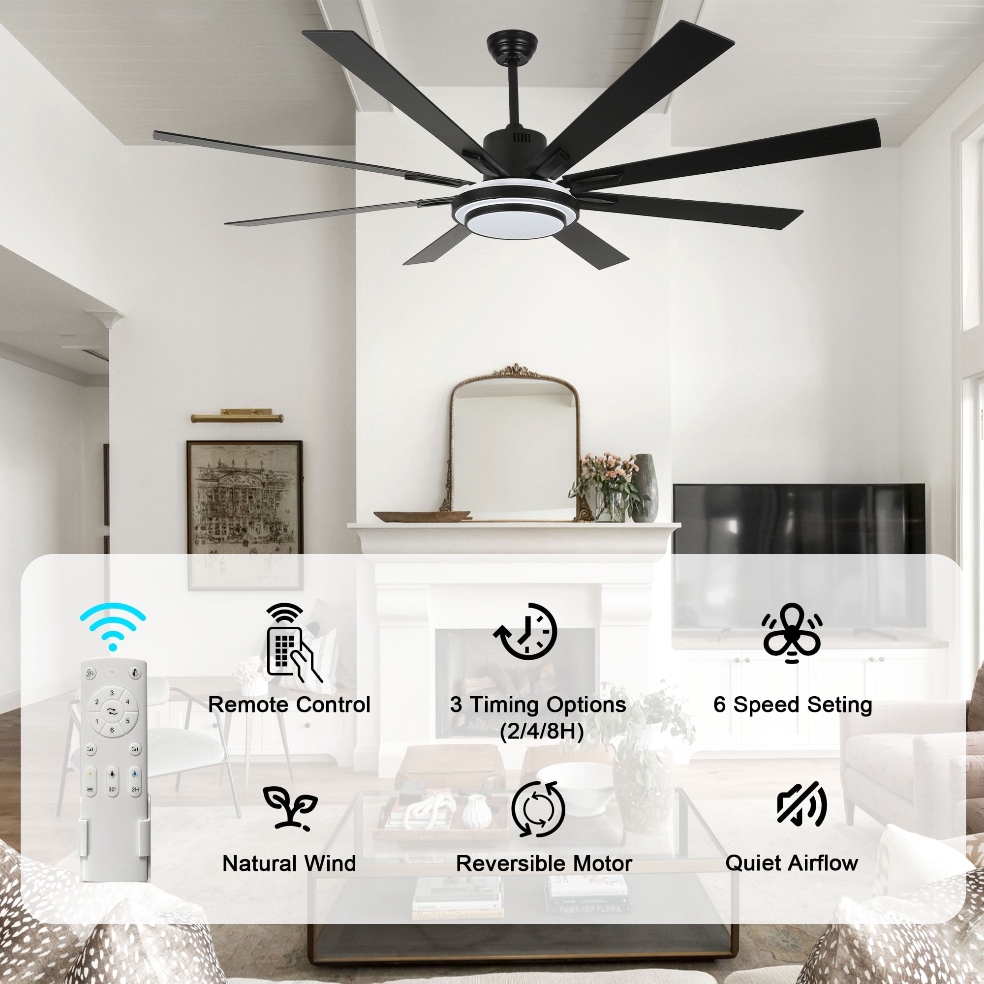 Bella Depot 72" Modern Black LED Ceiling Fan 6-Speed Reversible Chandelier With Dimmable Light and Remote Control