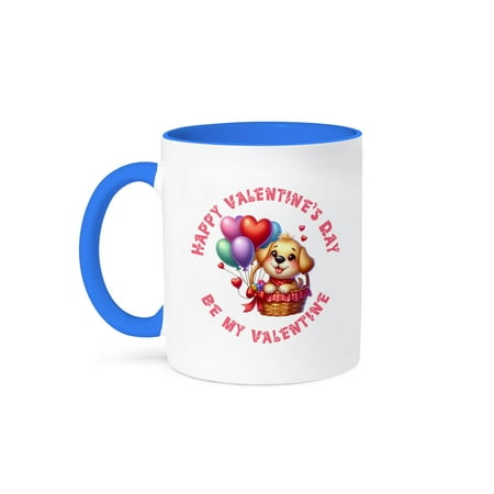 

3dRose Be my Valentine funny dog in a basket colorful toy balloons gift 11oz Two-Tone Blue Mug