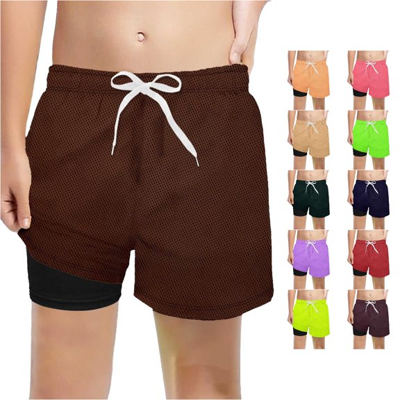 Rggeeun Boy Child Pants Solid Color Elastic Waist With Drawstring Layered Knit Loose Fit Wide Leg Above Knee Mesh Breathable For Summer Travel Party Basic Trousers,Brown,11-12 Years