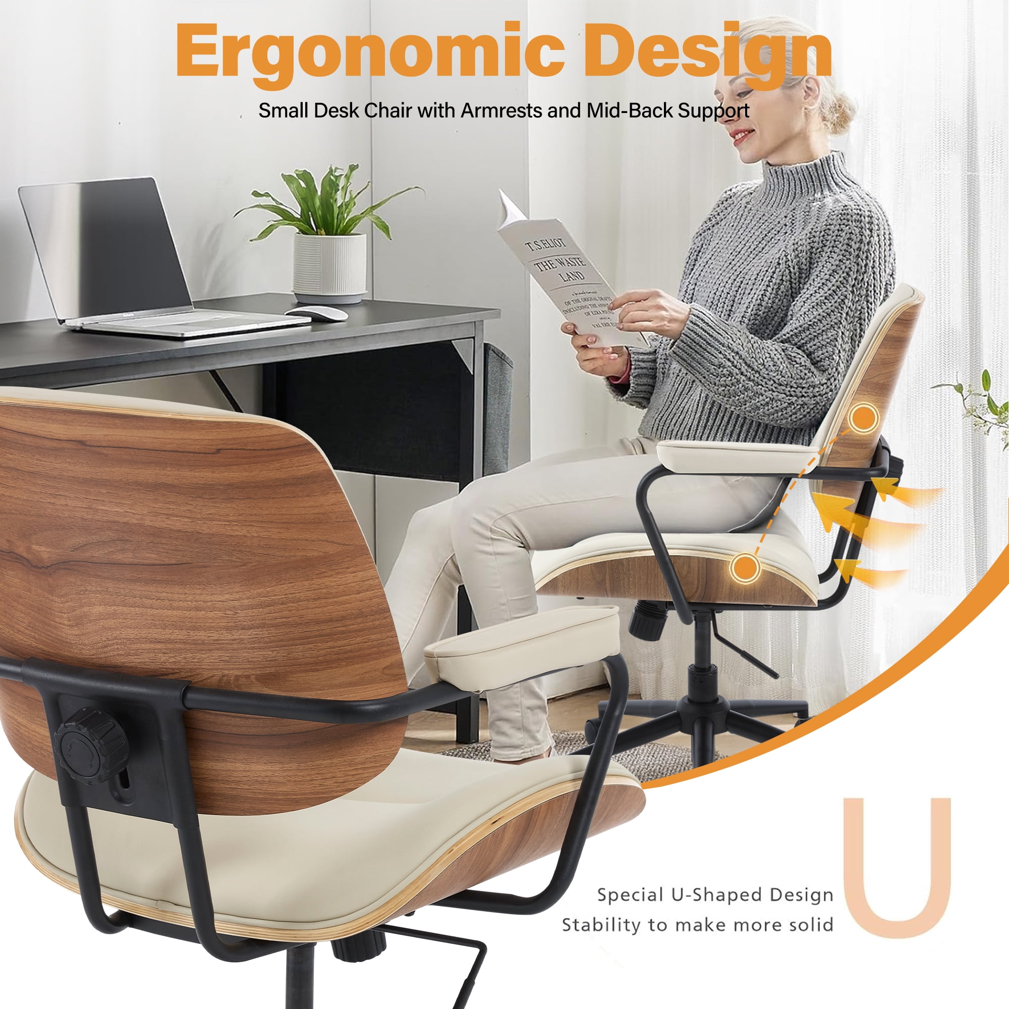 Home Office Chair with Wheel, Mid Century Modern Desk Chairs, Adjustable Height Arm Chair with Walnut Back, PU Leather Task Chair Vanity Chair for Home Office, Reading Room, Beige
