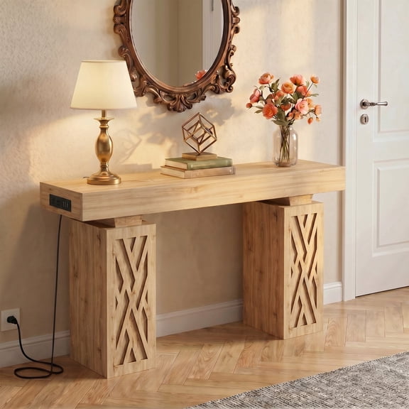 Homieasy 63'' Farmhouse Console Table with Charging Station & LED Lights, Narrow Entryway Table for Entryway, Living Room, Nature Oak