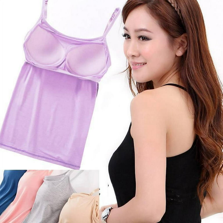Women's Stretch Cotton Cami Built-in Shelf Bra, Sports Home Camisole  Workout Shirts Activewear, Purple, L